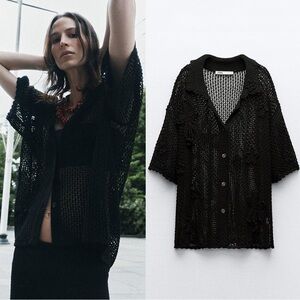 NWT Zara Black Open Knit Button Up